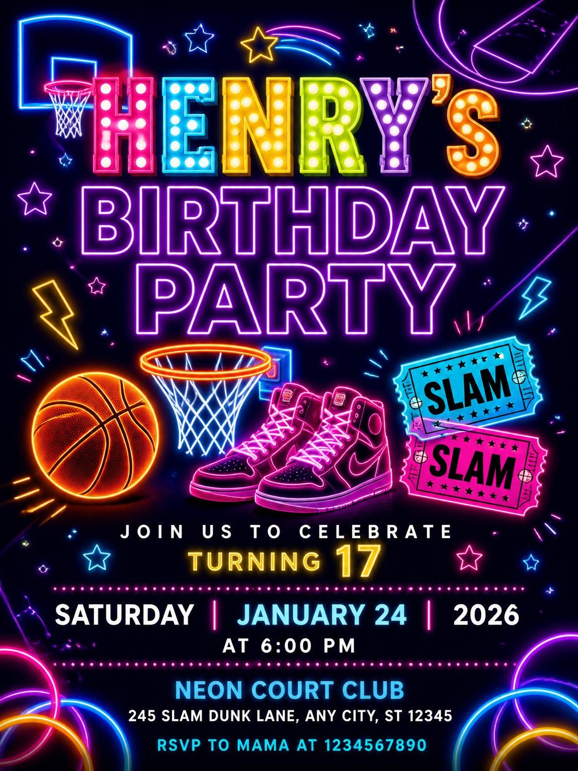 Neon Basketball 17th Birthday Invitation