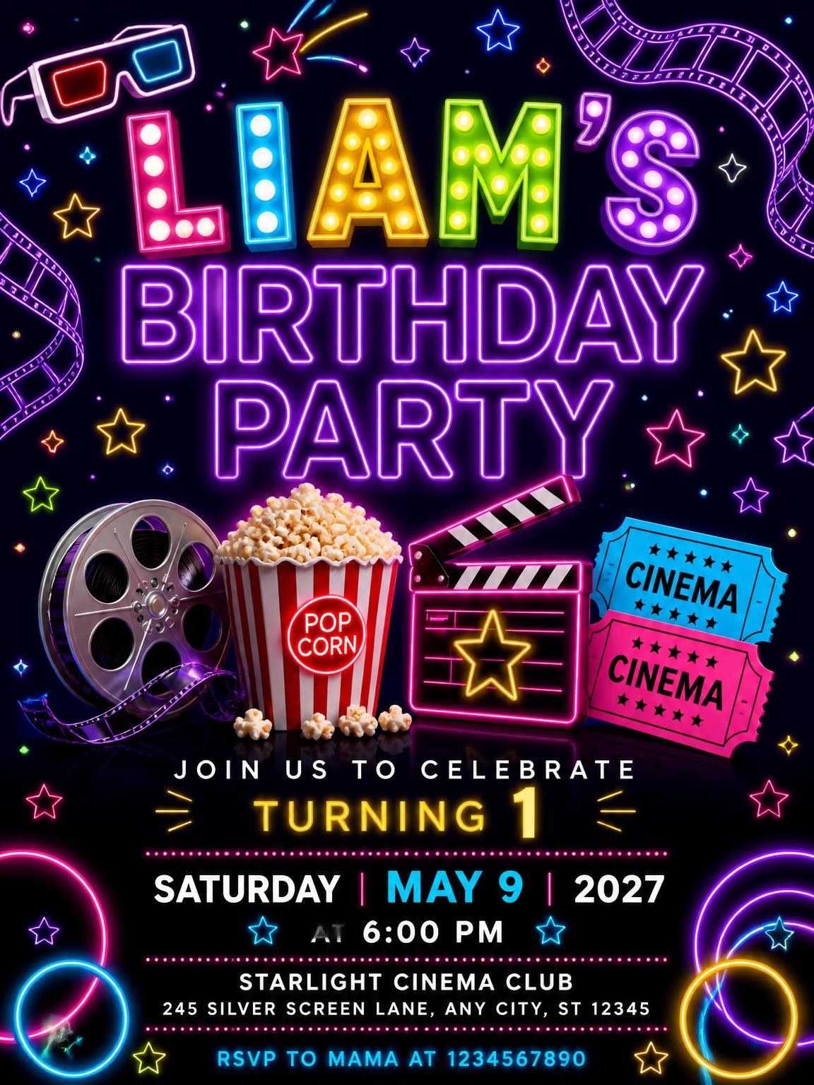 Neon Movie Night 1st Birthday Invitation