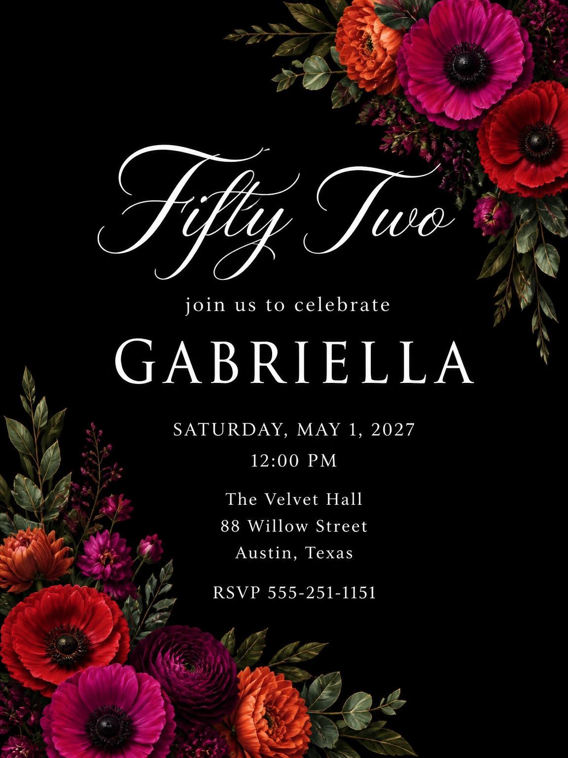 Black Floral 52nd Birthday Invitation
