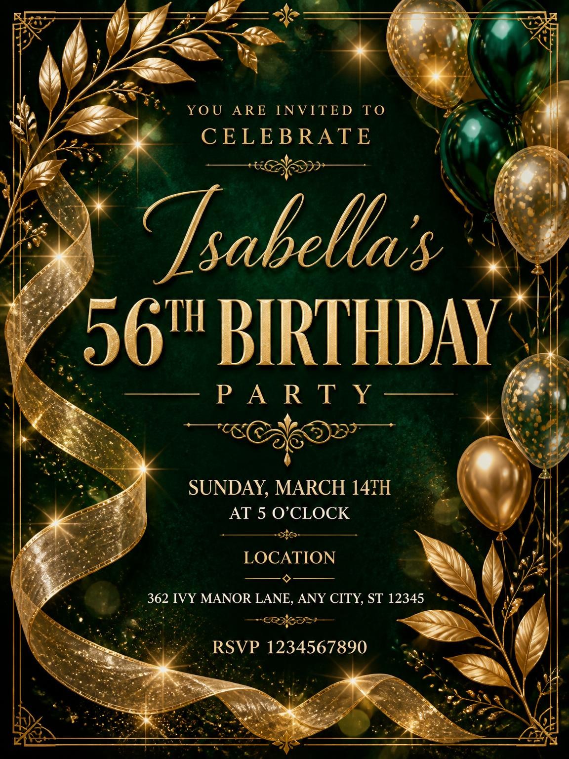 Emerald and Champagne 56th Birthday Invitation