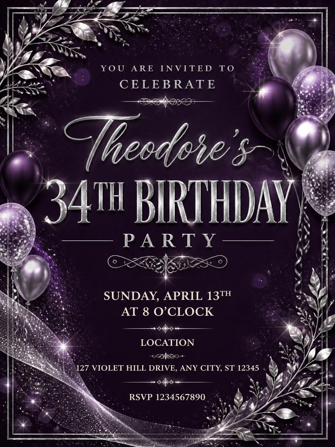 Plum and Silver 34th Birthday Invitation