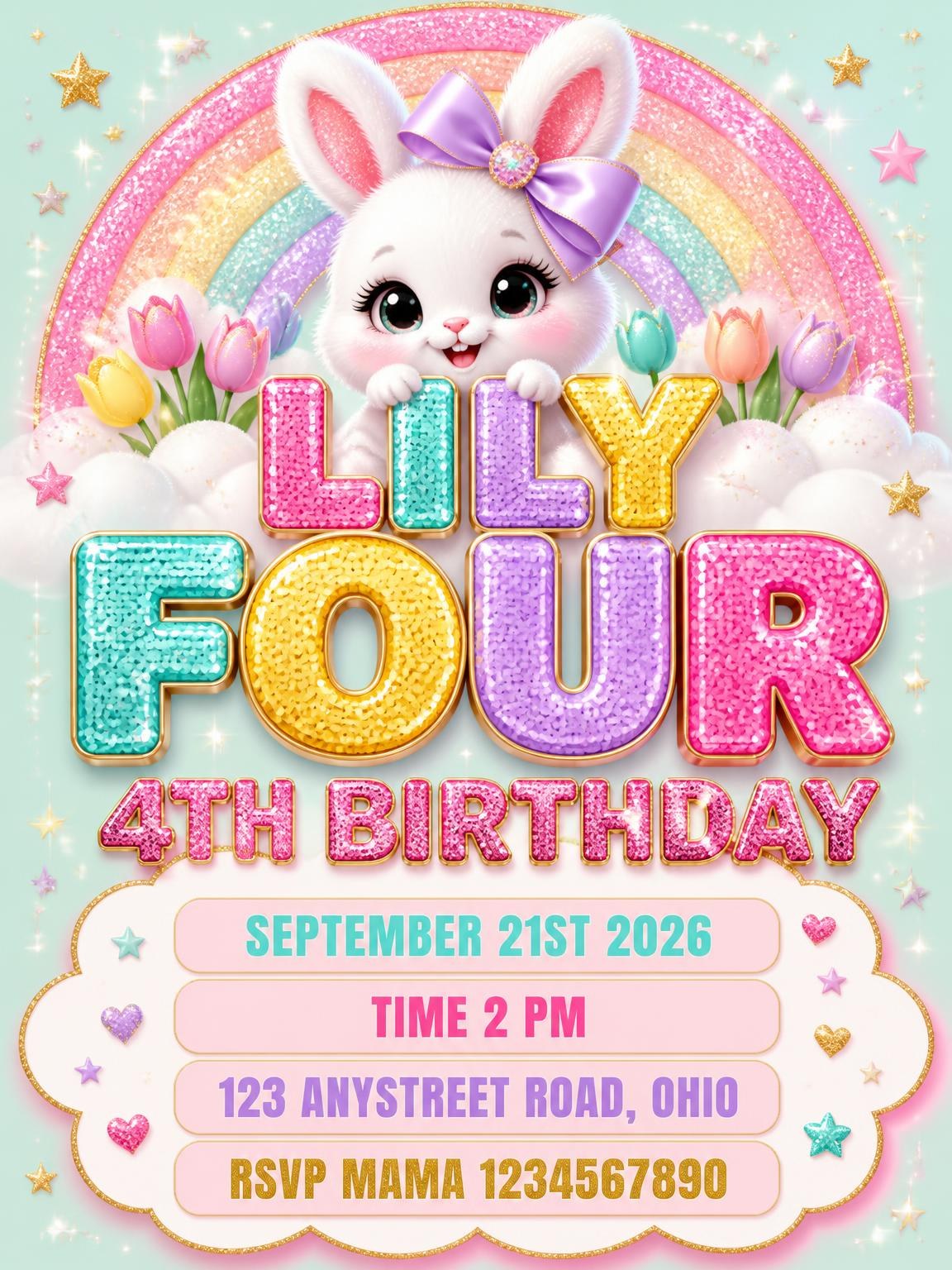 Glitter Sparkle Bunny 4th Birthday Invitation