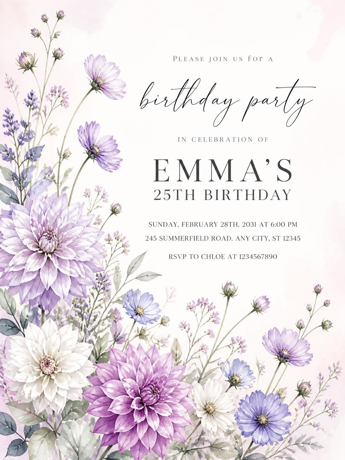 Lavender Dahlia Bouquet 25th Birthday Invitation