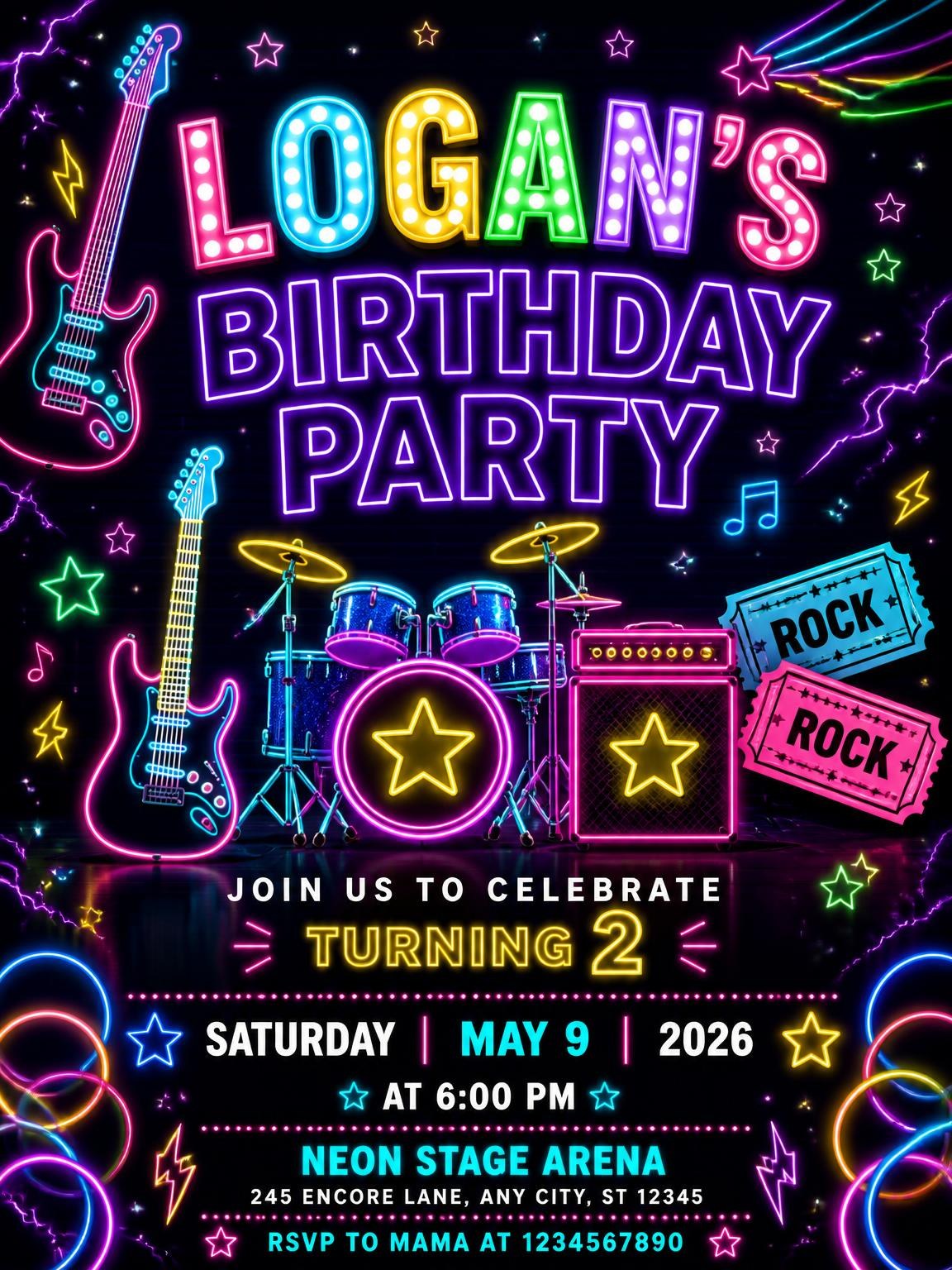 Neon Rock Star 2nd Birthday Invitation