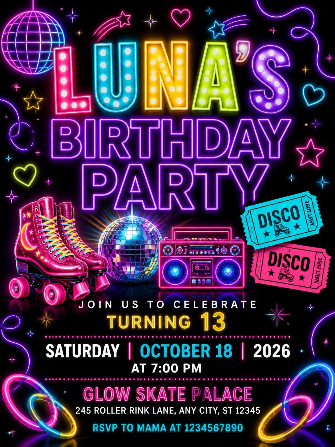 Neon Roller Disco 13th Birthday Invitation