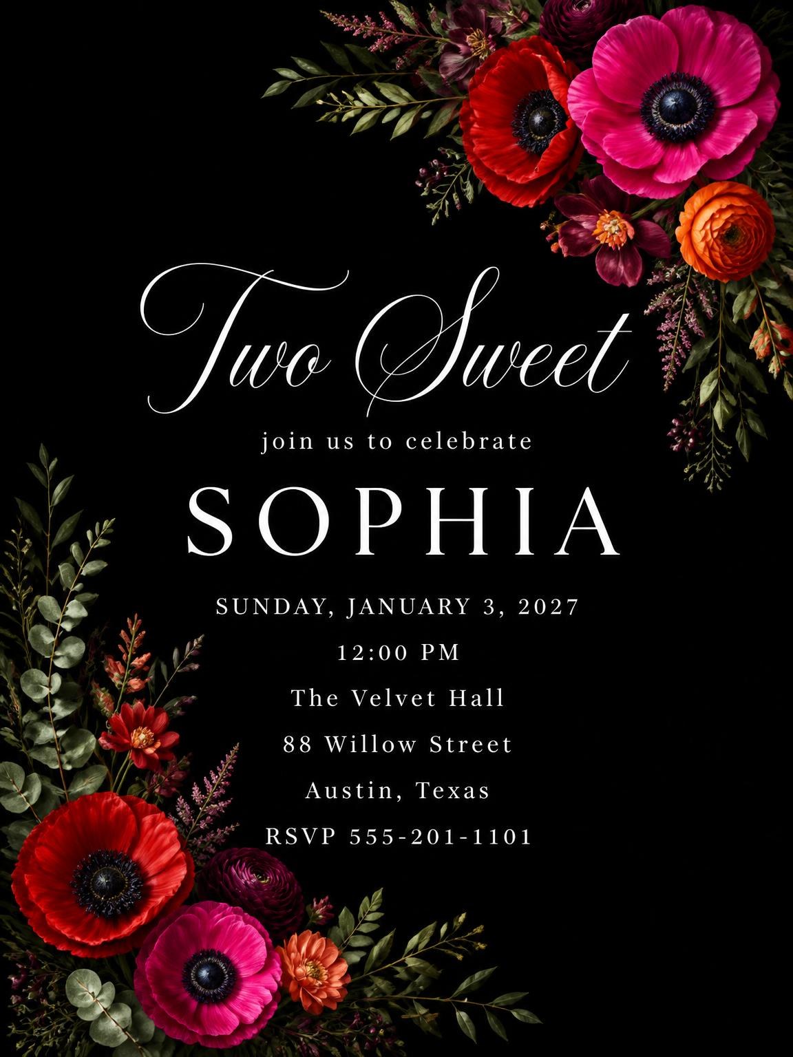 Black Floral 2nd Birthday Invitation