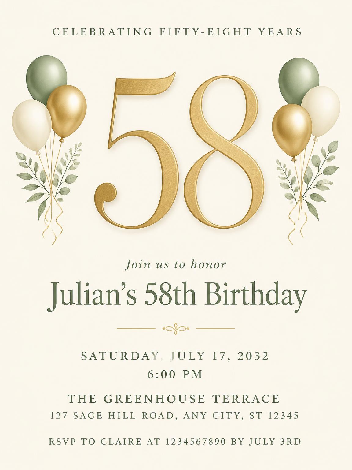 Sage and Ivory 58th Birthday Invitation