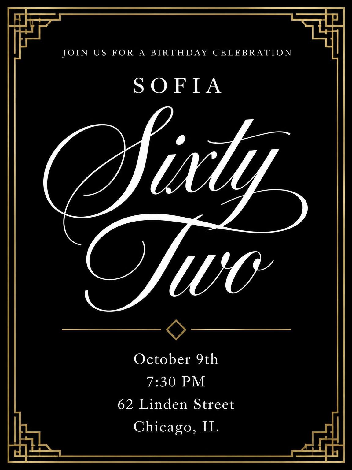 Art Deco 62nd Birthday Invitation