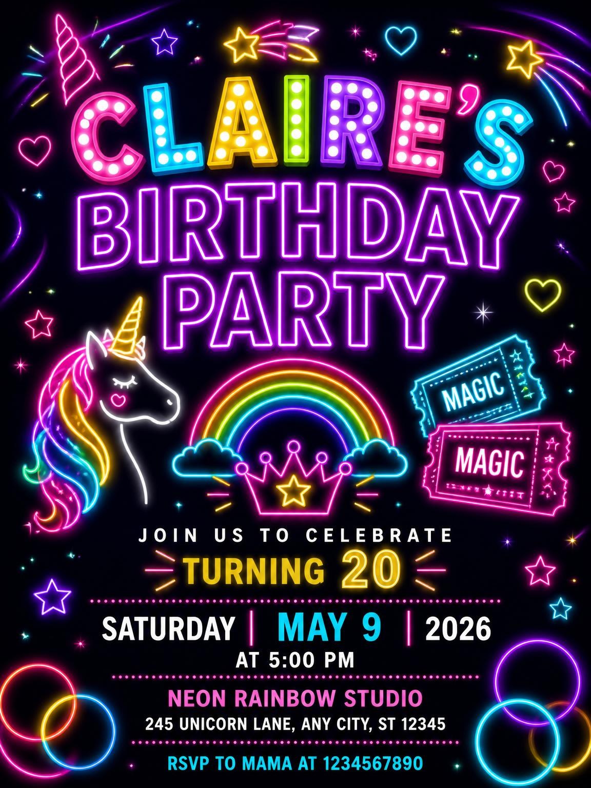 Neon Unicorn 20th Birthday Invitation