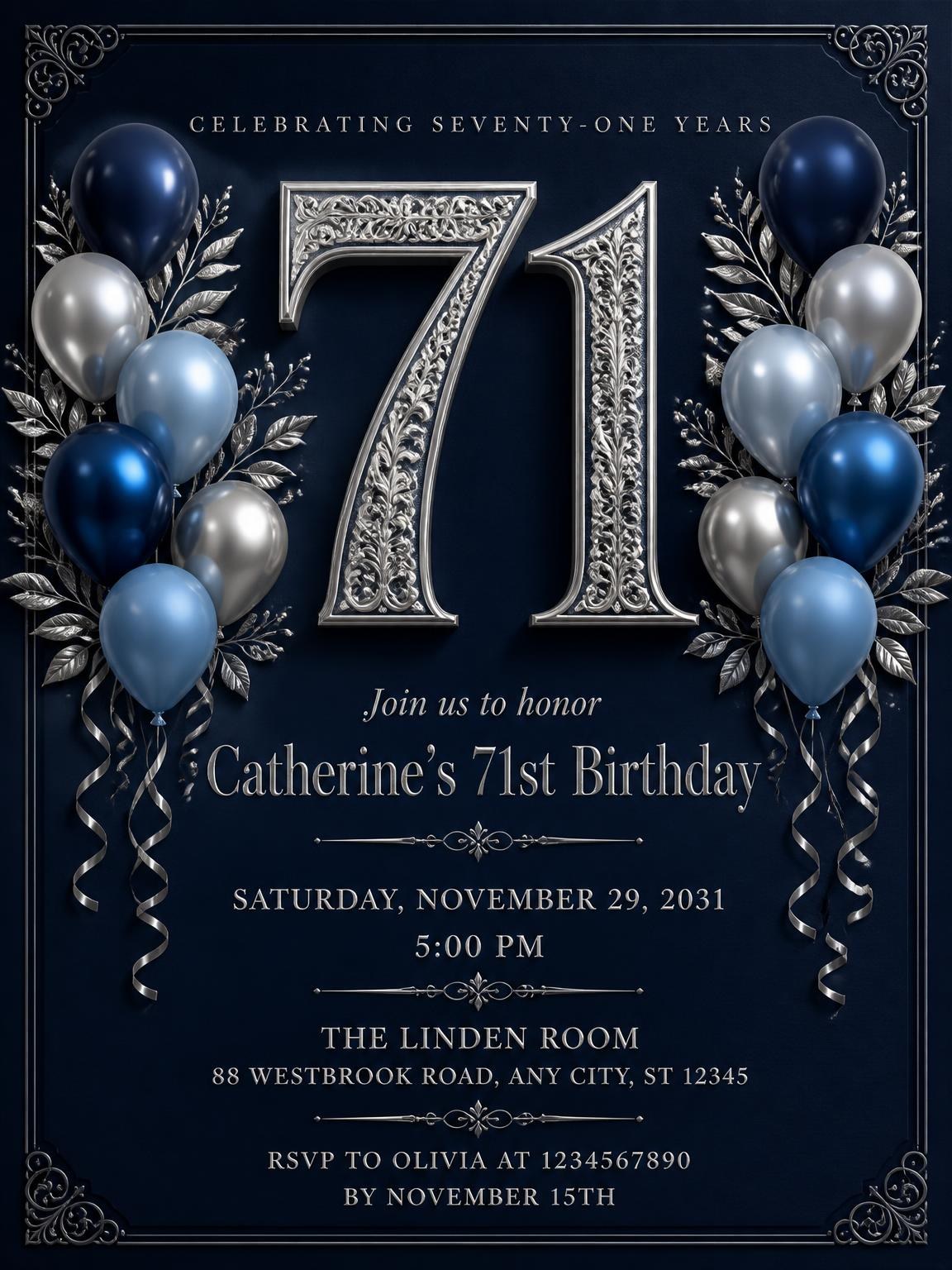 Navy and Silver 71st Birthday Invitation