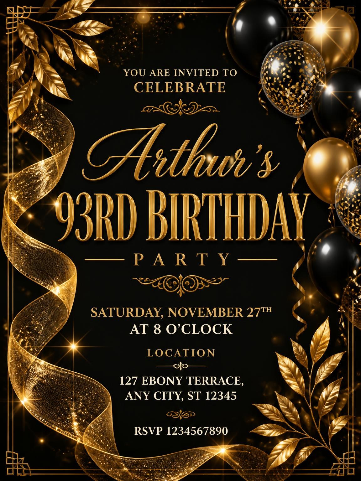 Black and Gold 93rd Birthday Invitation