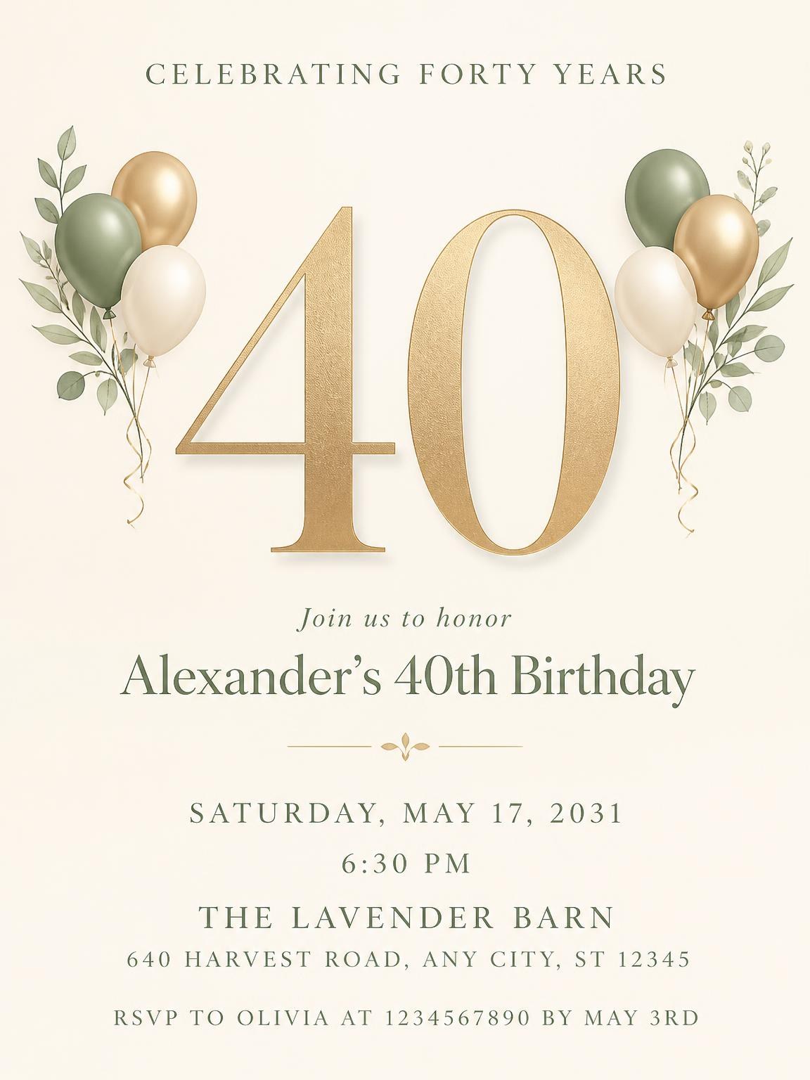 Sage and Ivory 40th Birthday Invitation