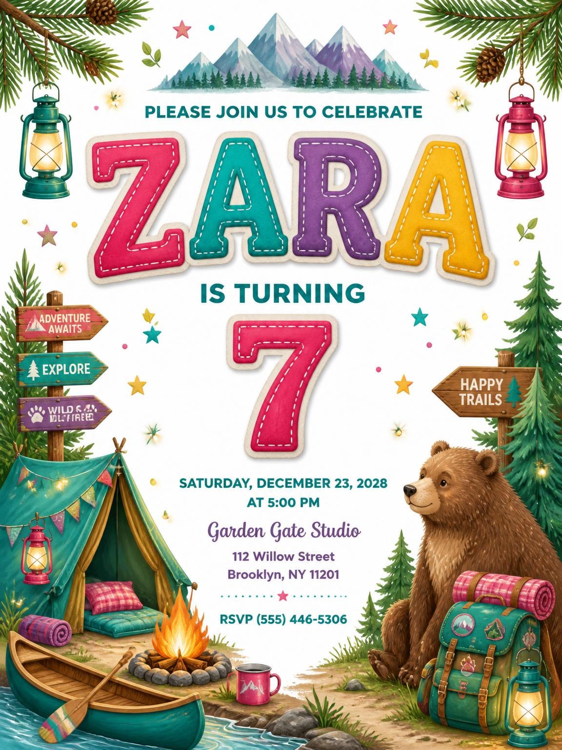Stitched Camping 7th Birthday Invitation