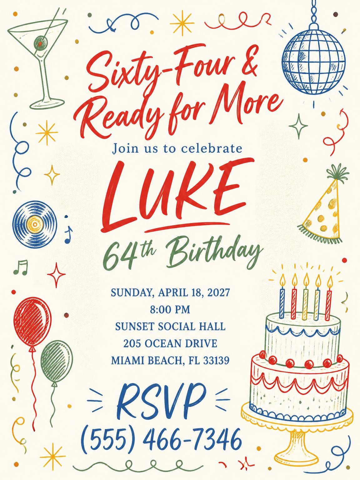 Retro Doodle 64th Birthday Invitation