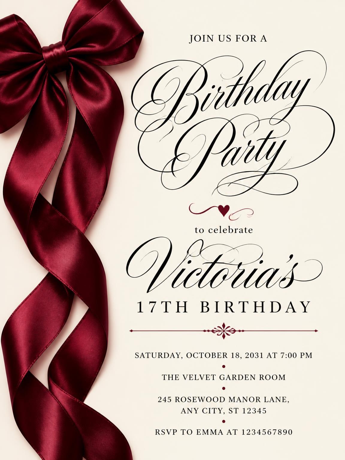 Burgundy Satin Bow 17th Birthday Invitation