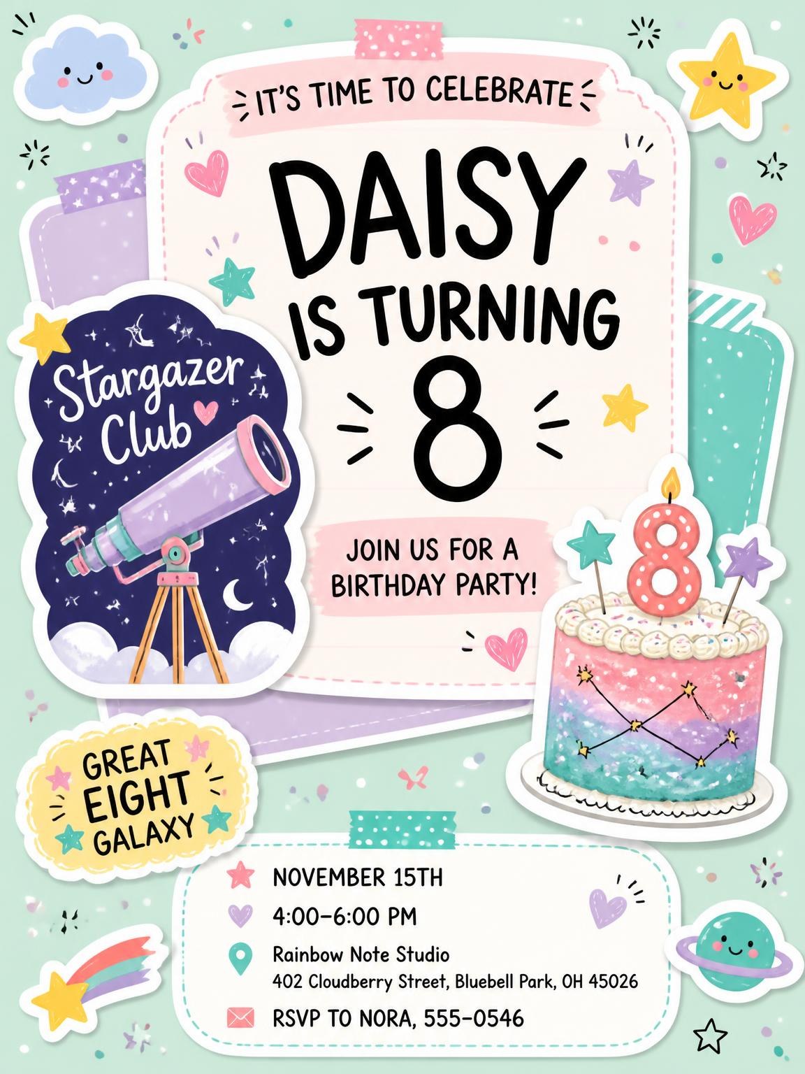 Telescope Badge Pastel 8th Birthday Invitation