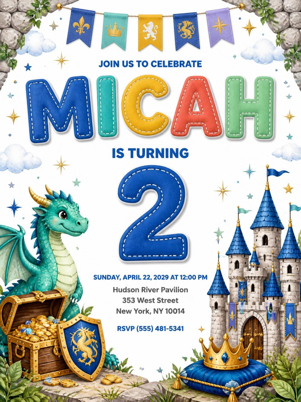 Stitched Dragon Castle 2nd Birthday Invitation