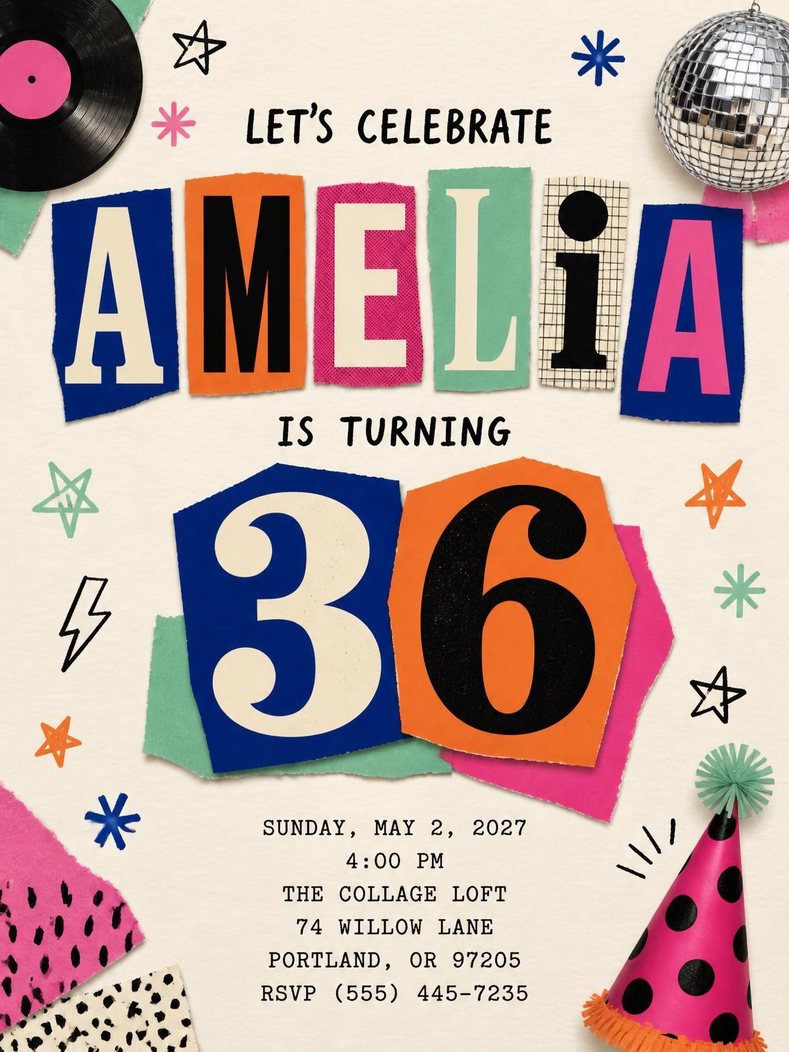 Retro Paper Collage 36th Birthday Invitation