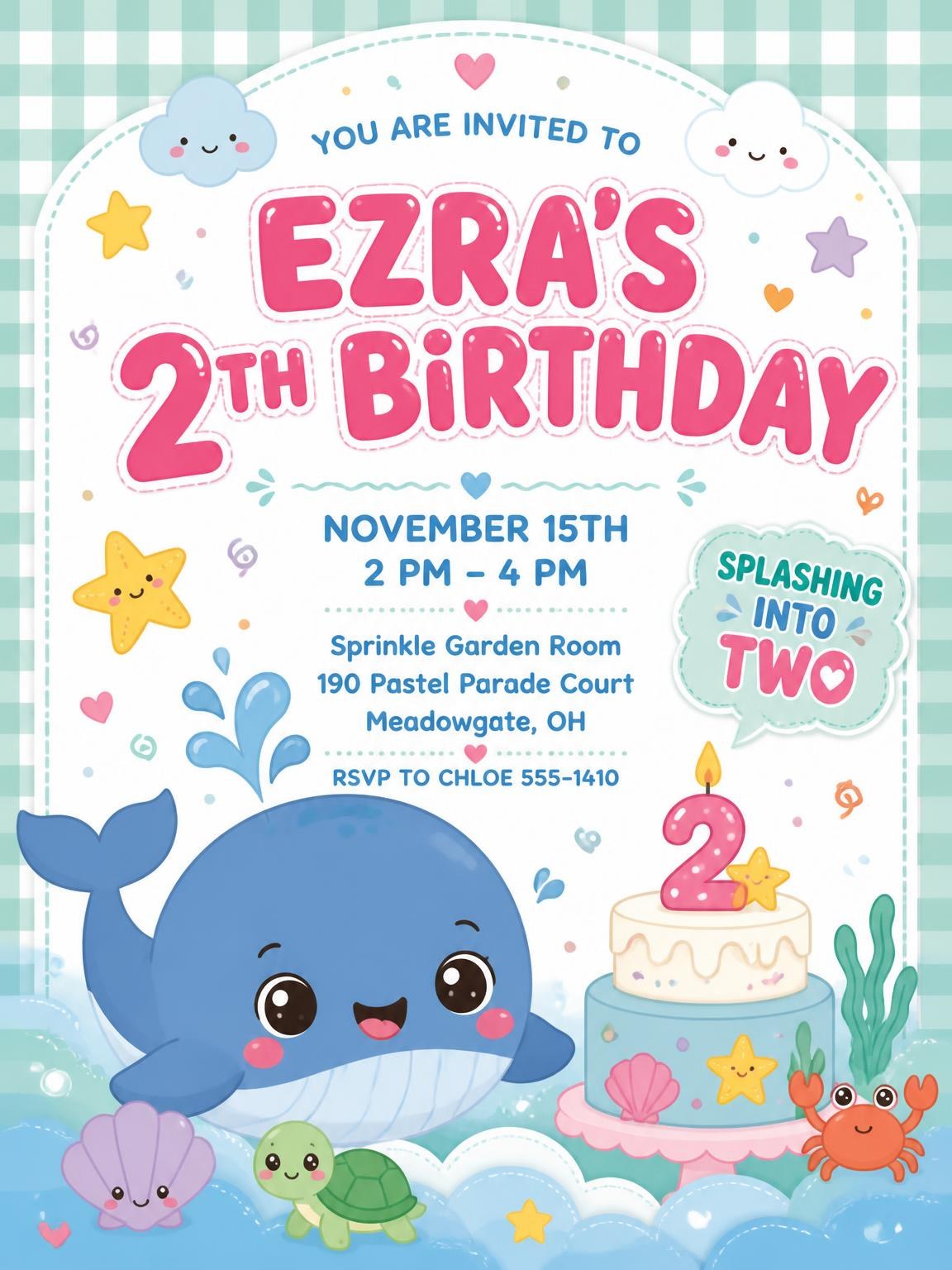 Sea Creatures Kawaii 2nd Birthday Invitation