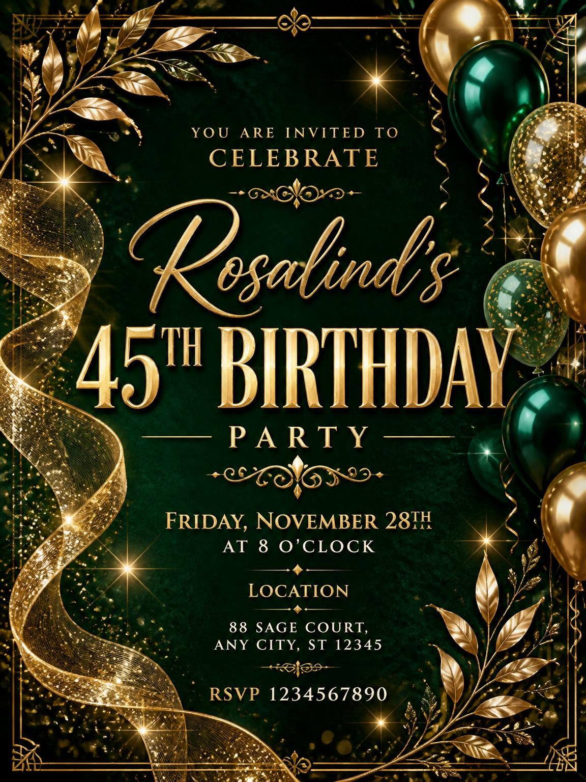 Emerald and Champagne 45th Birthday Invitation