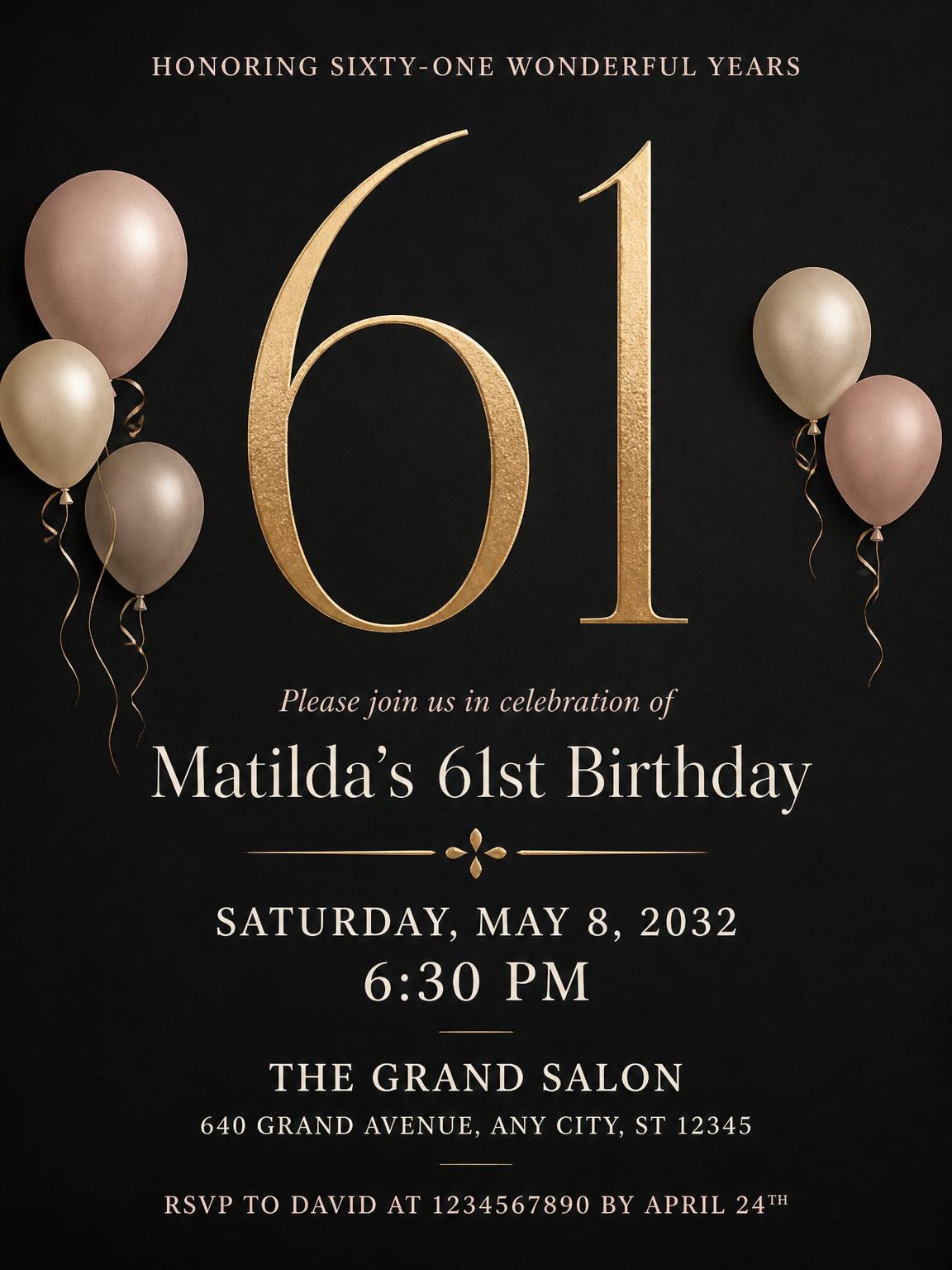 Charcoal and Blush 61st Birthday Invitation