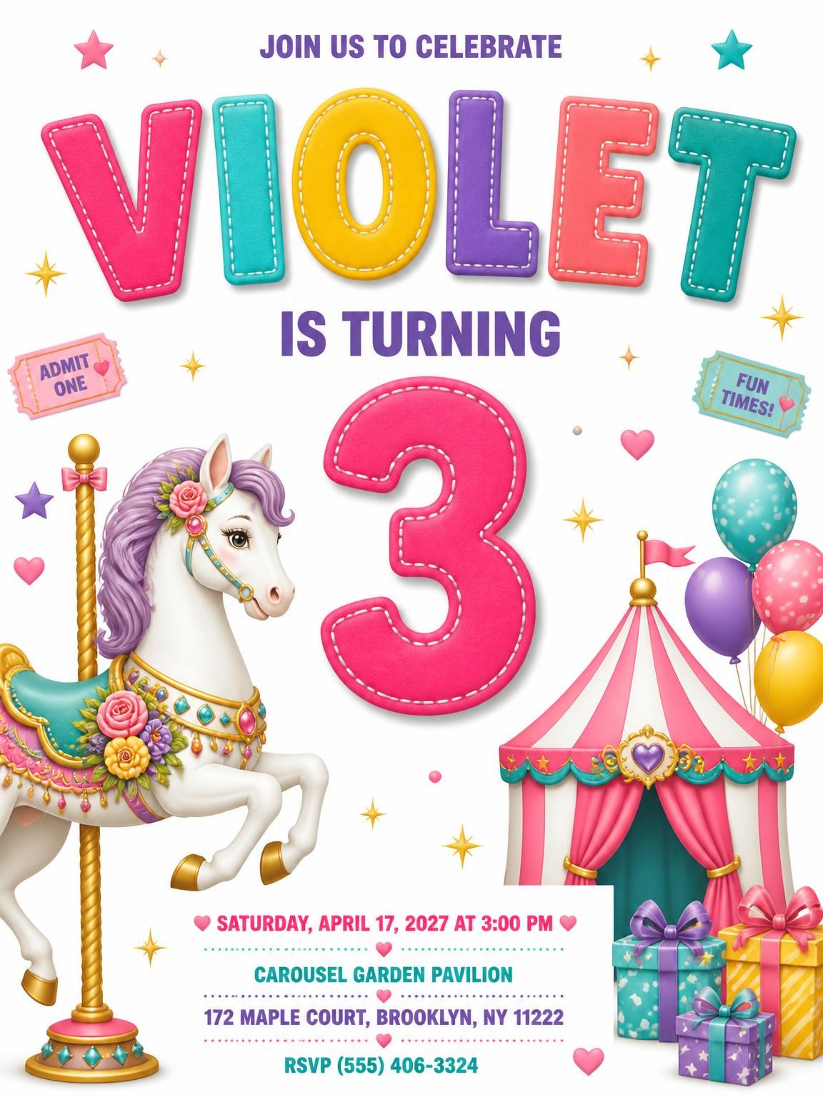 Stitched Carousel 3rd Birthday Invitation