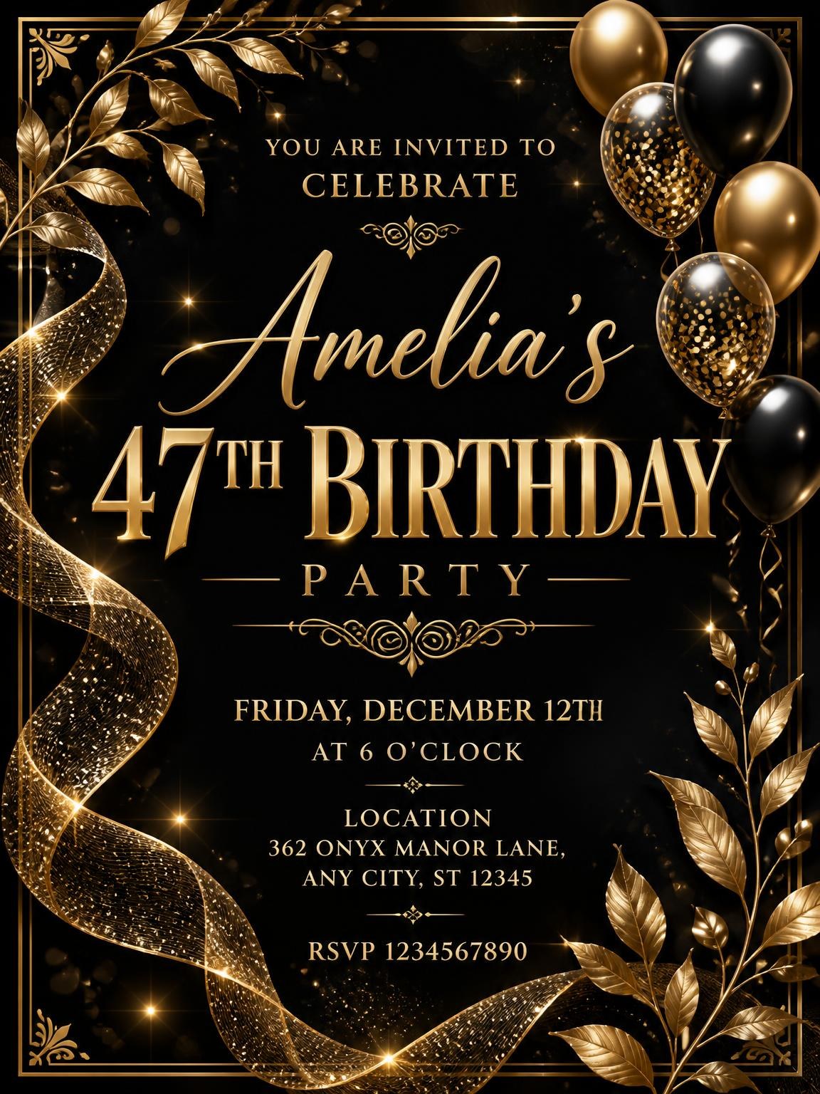 Black and Gold 47th Birthday Invitation