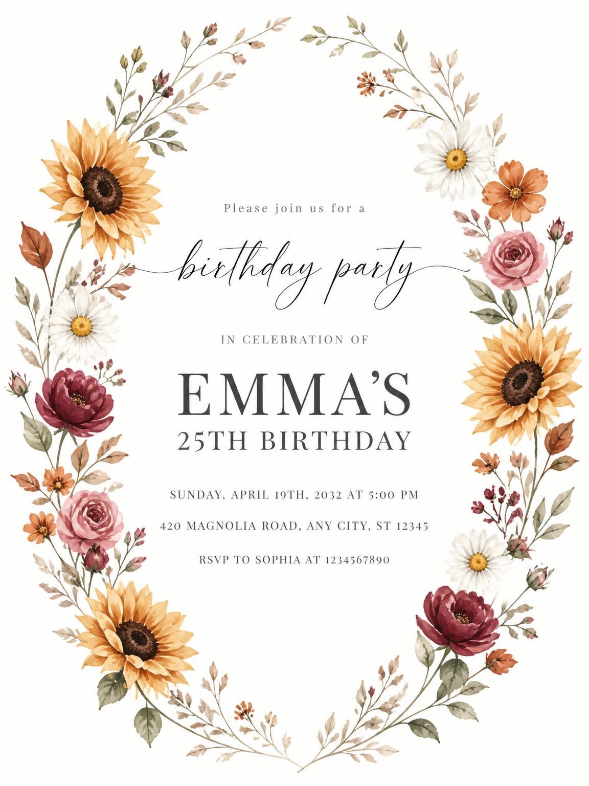Wildflower Garden Autumn 25th Birthday Invitation