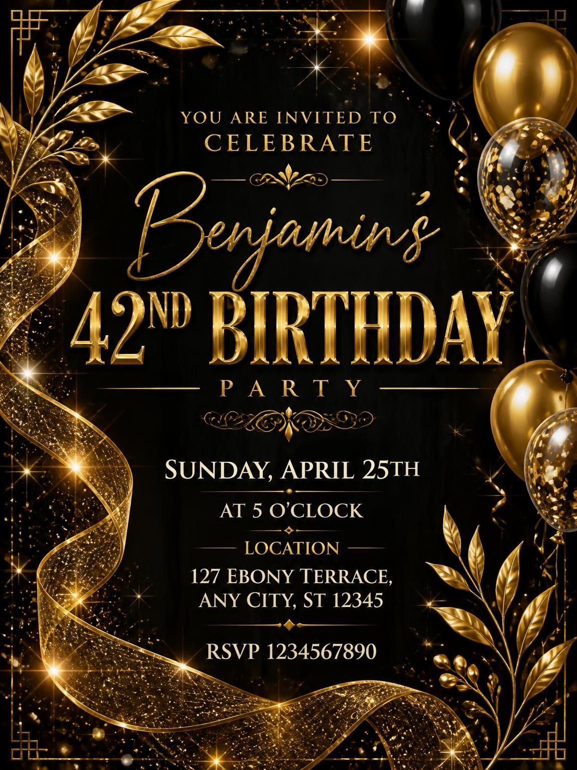 Black and Gold 42nd Birthday Invitation
