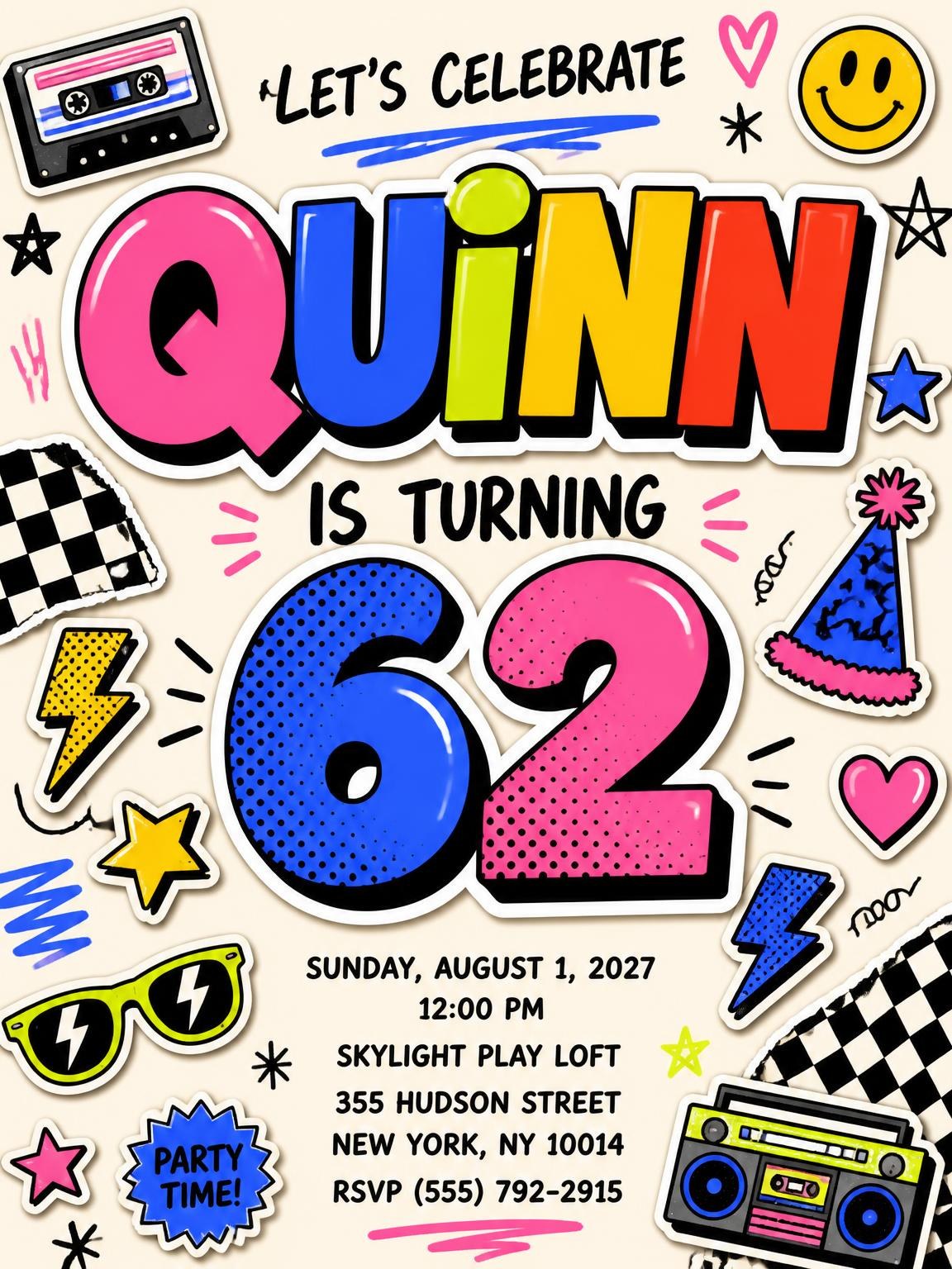 Sticker Pop 62nd Birthday Invitation