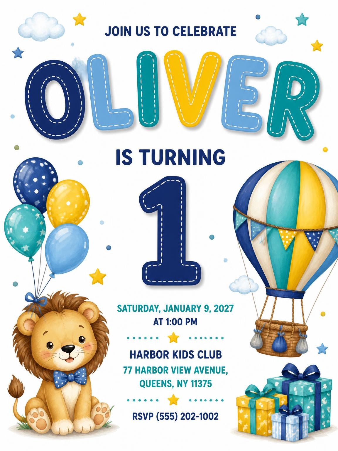 Bunch Balloons Stitched 1st Birthday Invitation