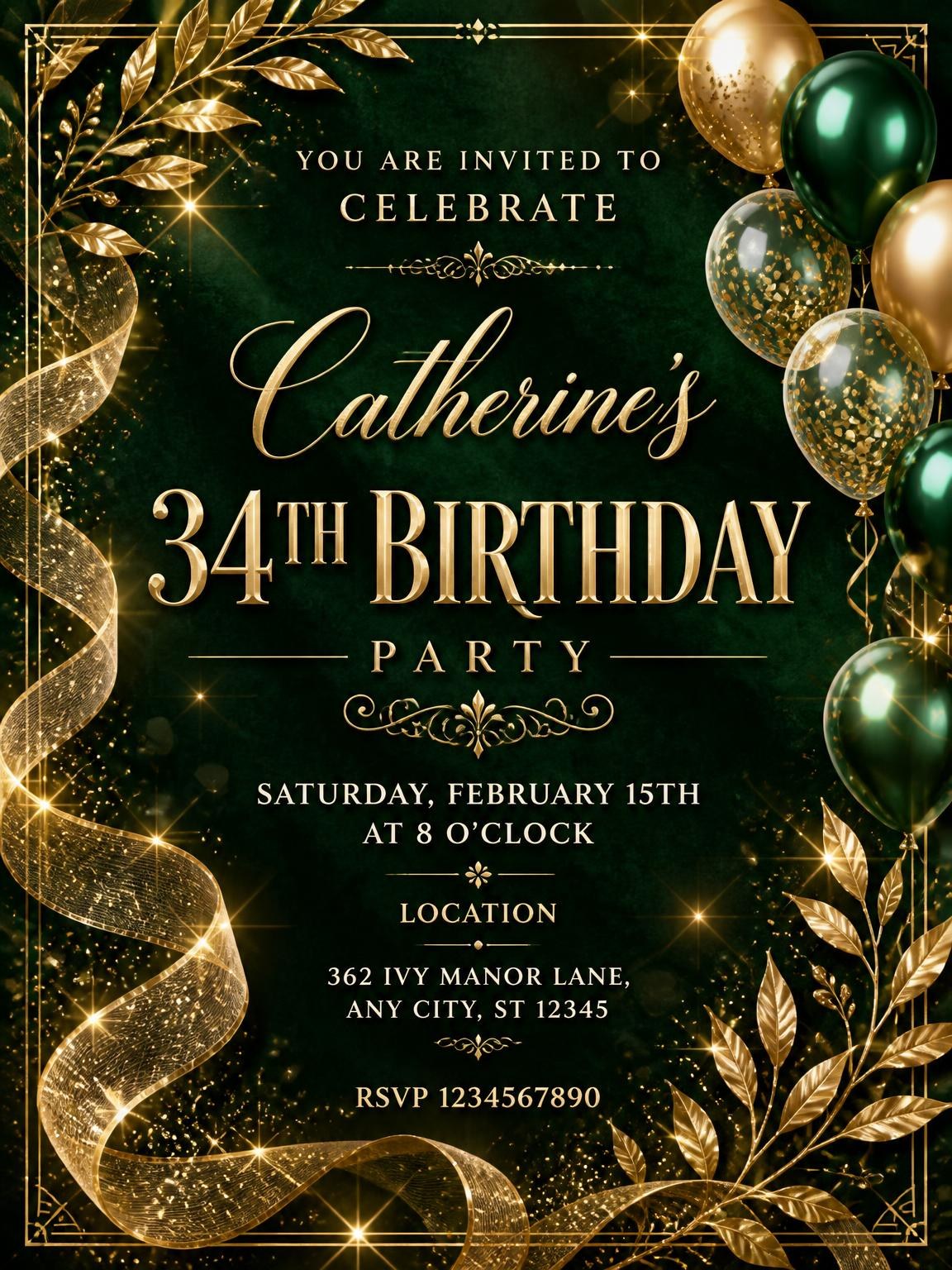 Emerald and Champagne 34th Birthday Invitation