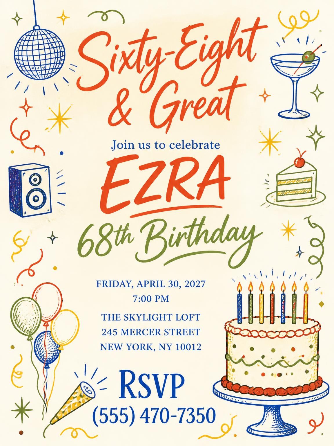 Retro Doodle 68th Birthday Invitation