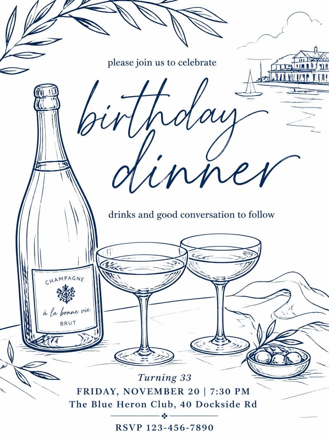 Navy Ink Champagne 33rd Birthday Dinner