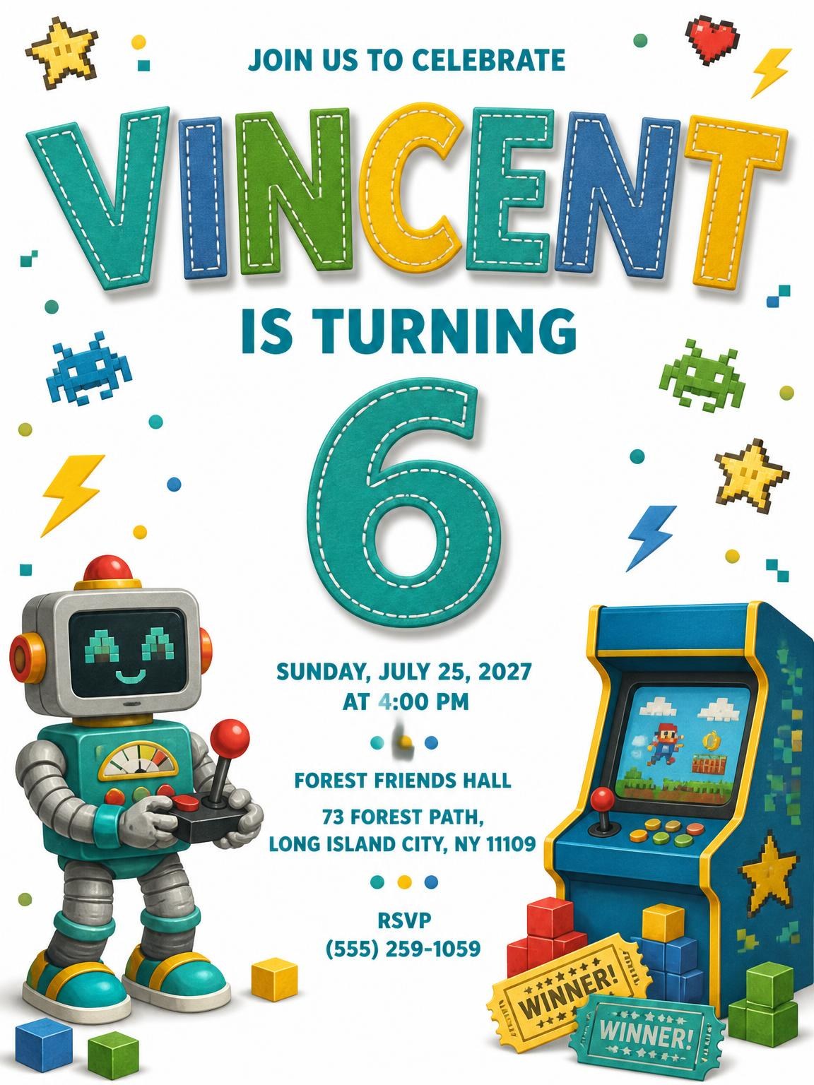 Robot Stitched 6th Birthday Invitation
