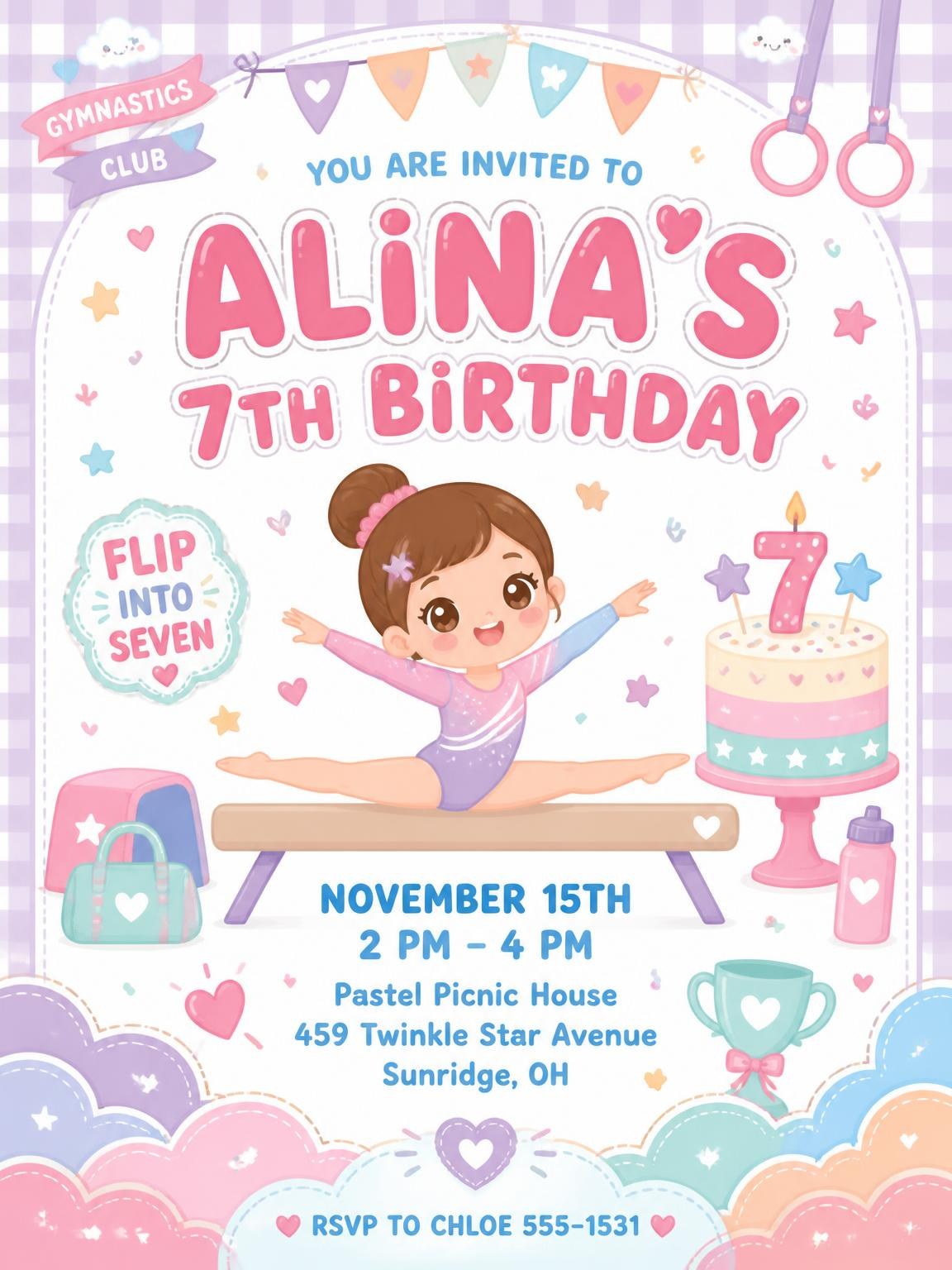 Kawaii Gymnast 7th Birthday Invitation