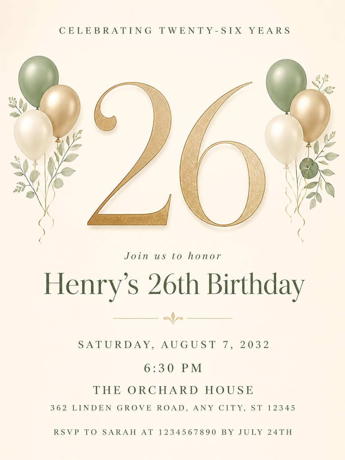 Sage and Ivory 26th Birthday Invitation
