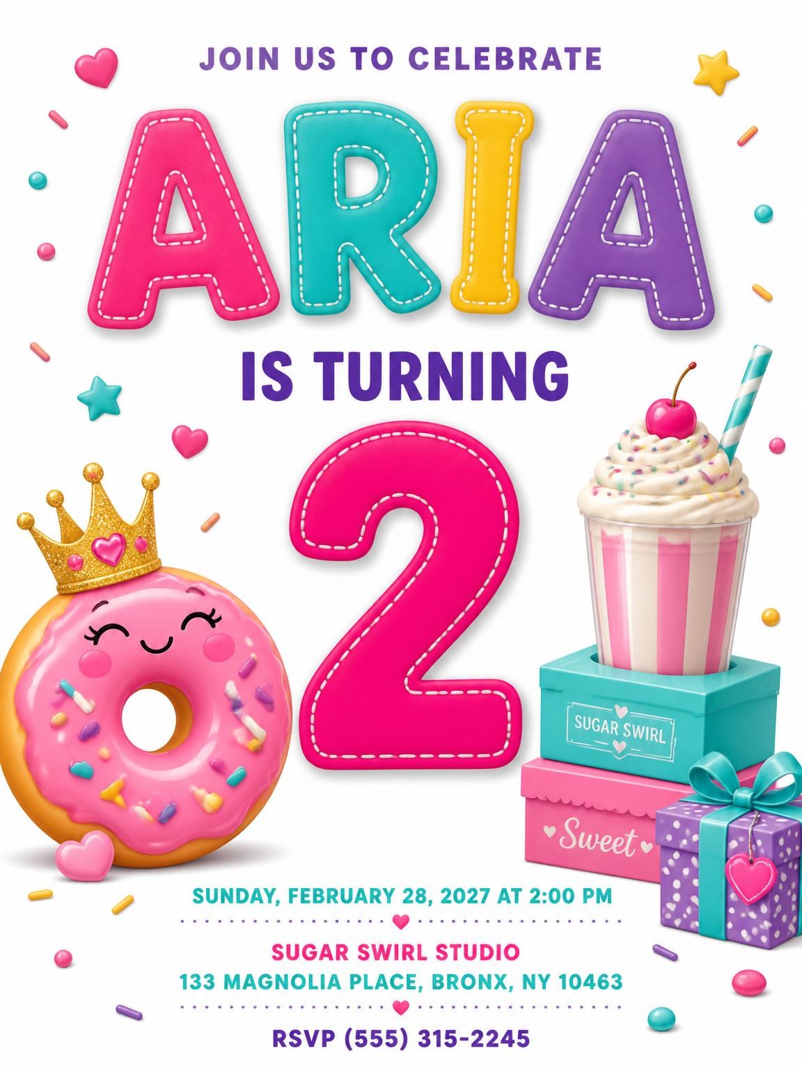 Stitched Sweet Donut 2nd Birthday Invitation