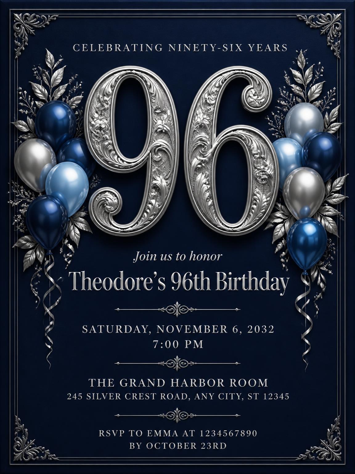 Navy and Silver 96th Birthday Invitation