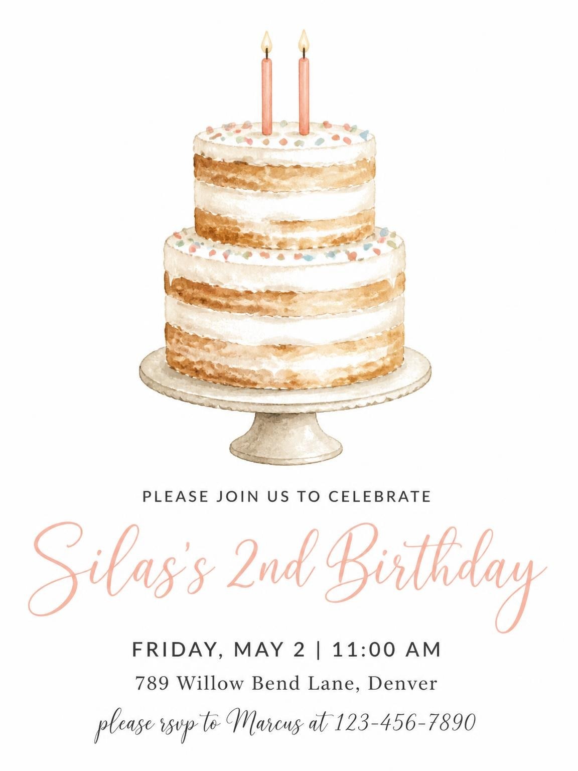 Watercolor Tiered Cake 2nd Birthday Invite