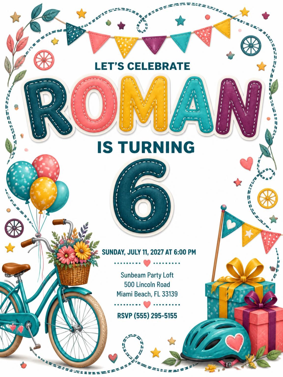 Stitched Bike Ride 6th Birthday Invitation