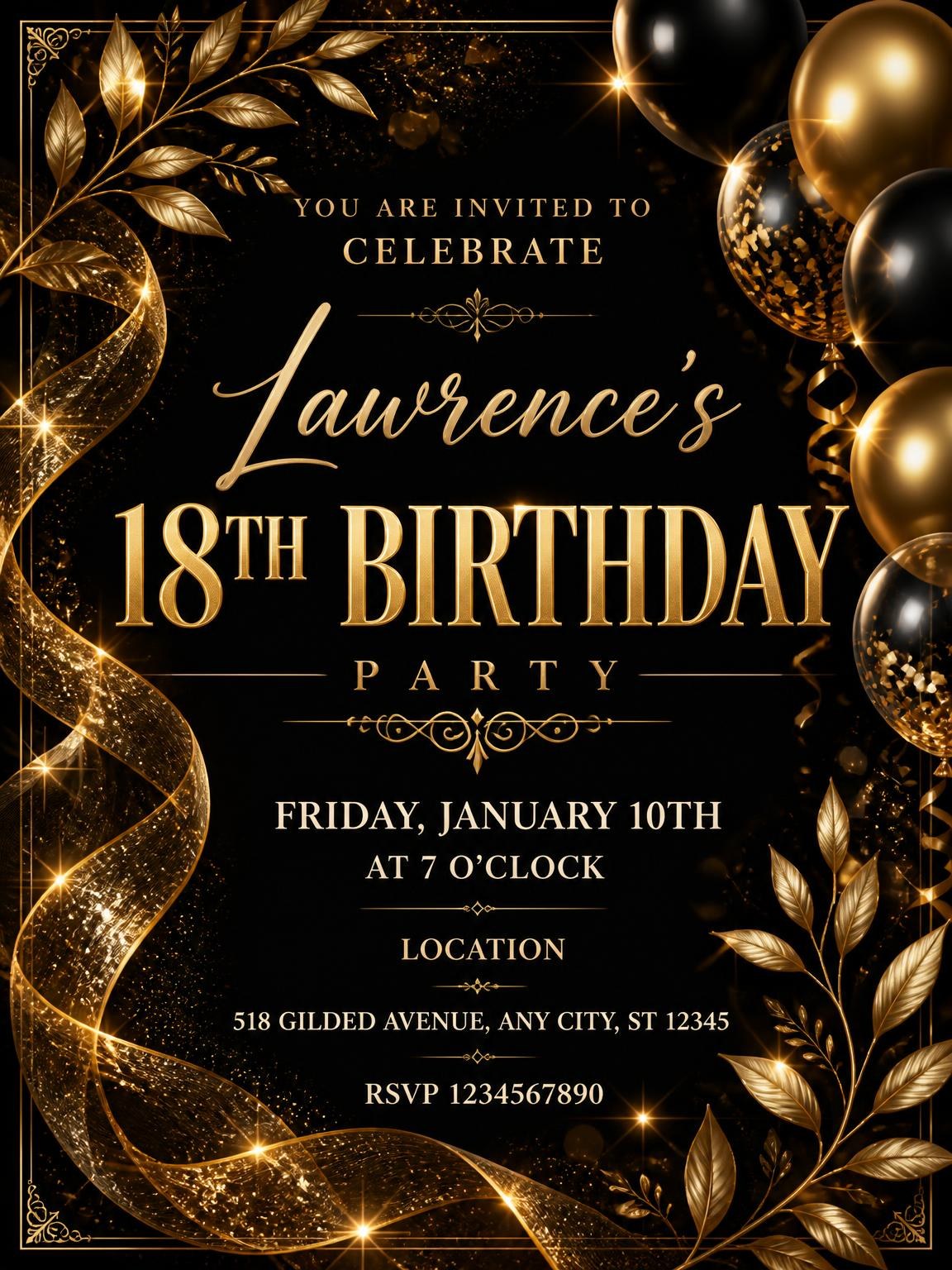 Black and Gold 18th Birthday Invitation