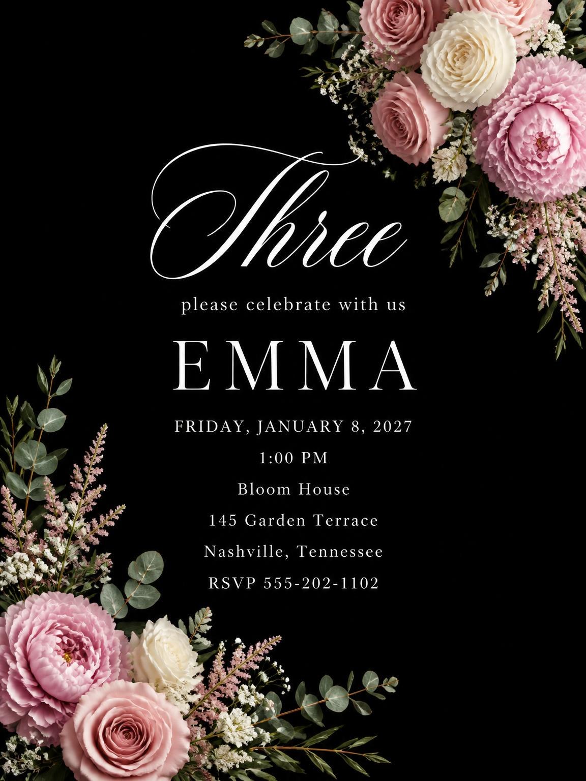 Black Floral 3rd Birthday Invitation
