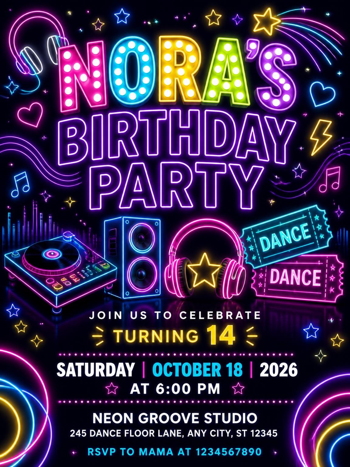 Neon Dance Party 14th Birthday Invitation