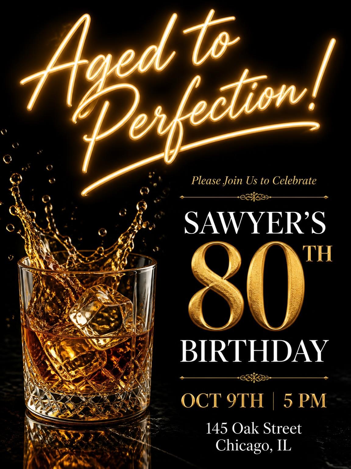 Whiskey Glass 80th Birthday Invitation