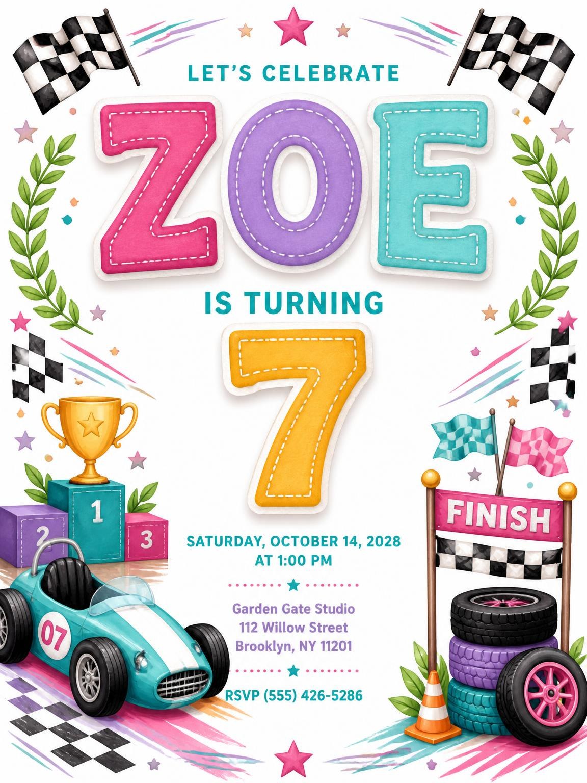 Stitched Race Car 7th Birthday Invitation