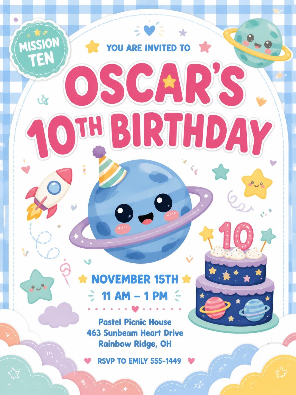 Rocket Ship Kawaii 10th Birthday Invitation