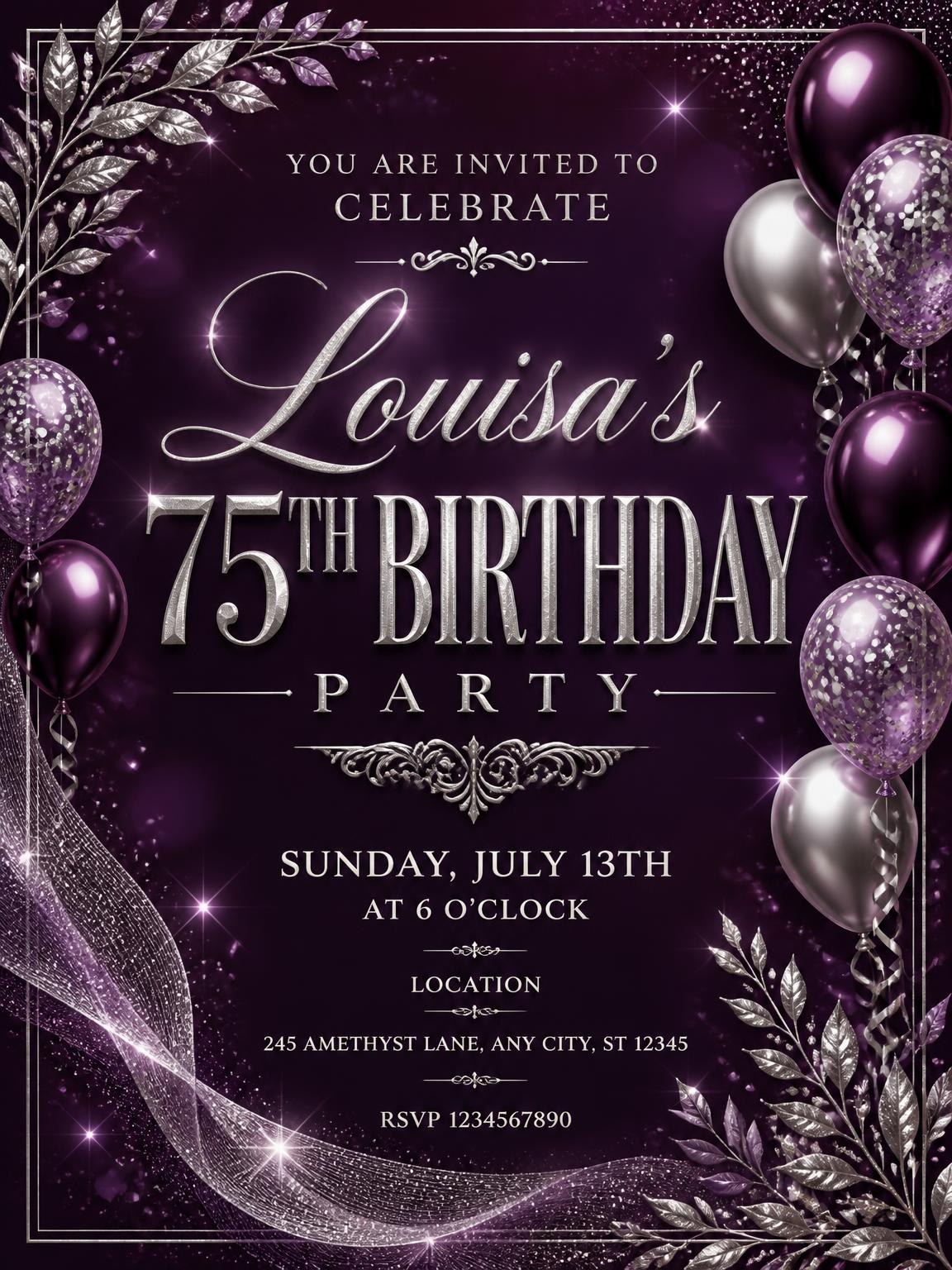 Plum and Silver 75th Birthday Invitation