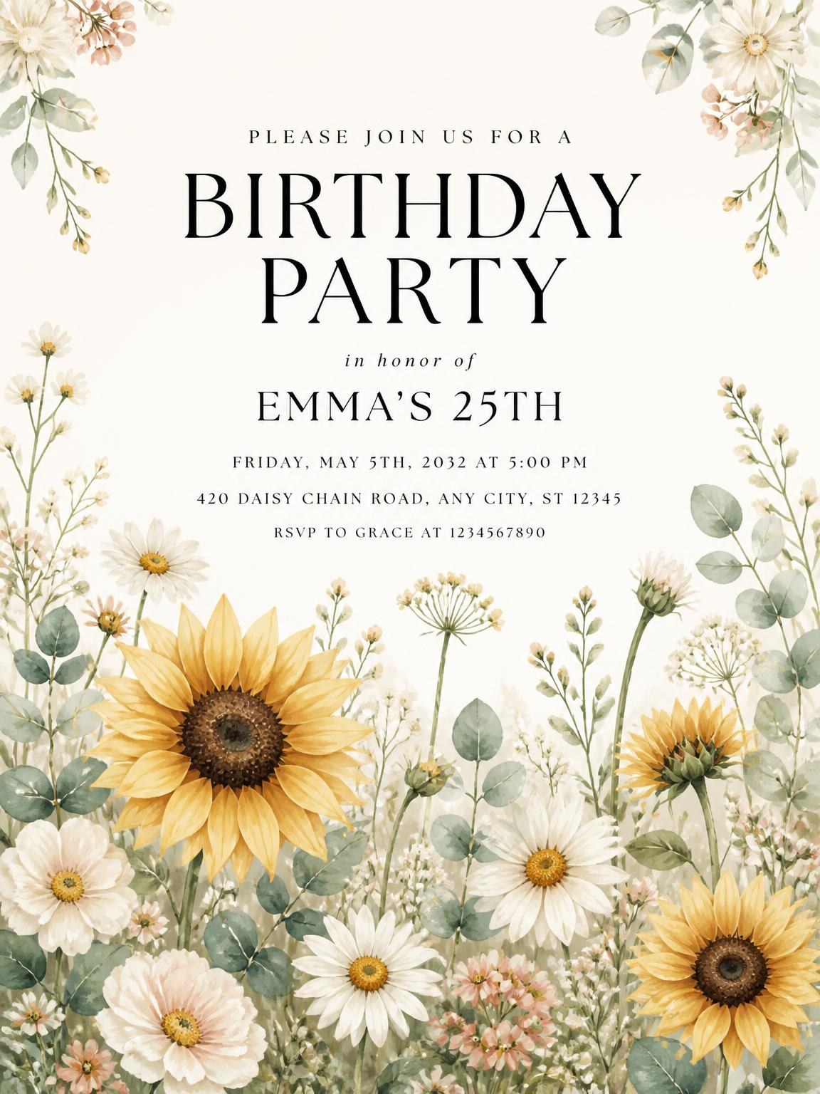 Sunflower Ivory 25th Birthday Invitation