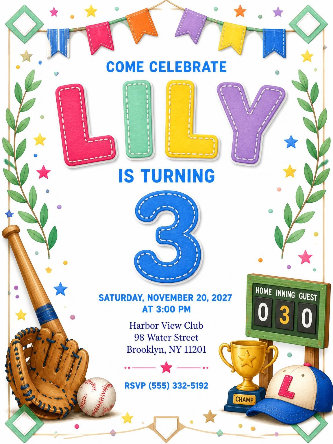 Stitched Baseball 3rd Birthday Invitation